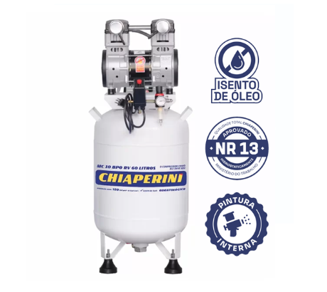 Motocompressor odontológico 10 pcm 60 litros sem óleo - Chiaperini MC 10 BPO RV 60 L