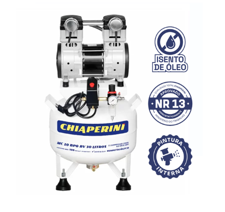 Motocompressor odontológico 10 pcm 30 litros sem óleo - Chiaperini MC 10 BPO RV 30 L